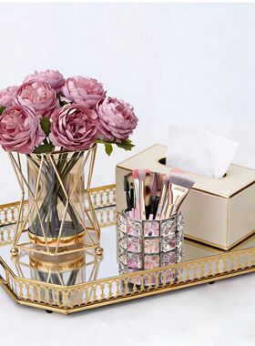 跨境欧式轻奢玻璃金属托盘客厅茶几玄关收纳盘水杯茶盘摆件装饰品
