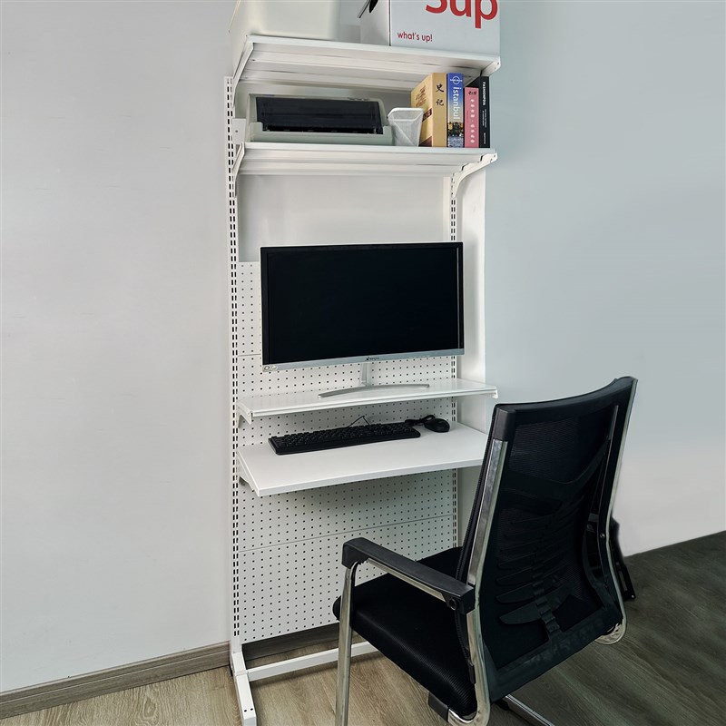 Perforated board bookshelf floating tabletop