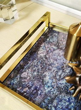 钛金色五金木板印花托盘家装简约创意软装饰品样板房摆件