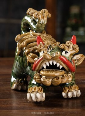 绿小招财七彩麒麟一对小招貔貅石湾陶瓷中式酒柜玄关装饰摆件岭南
