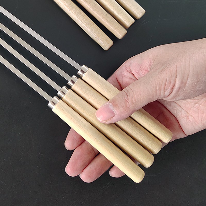 Stainless steel wooden handle flat skewer 304 barbecue meat skewer tool skewers supplies accessories mutton skewers needle iron skewer thickened