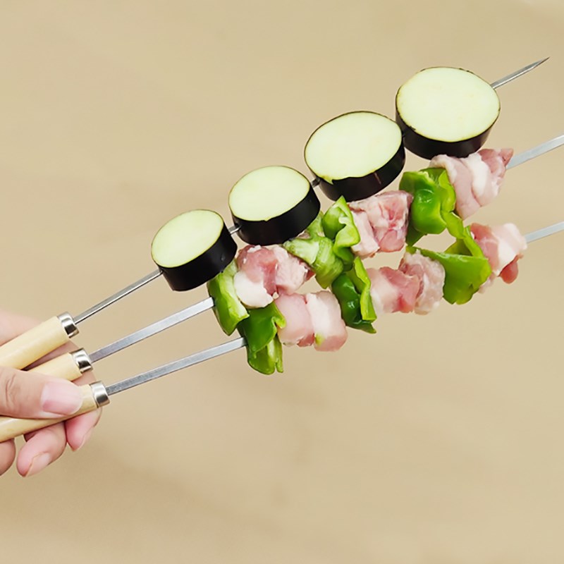 Stainless steel wooden handle flat skewer 304 barbecue meat skewer tool skewers supplies accessories mutton skewers needle iron skewer thickened