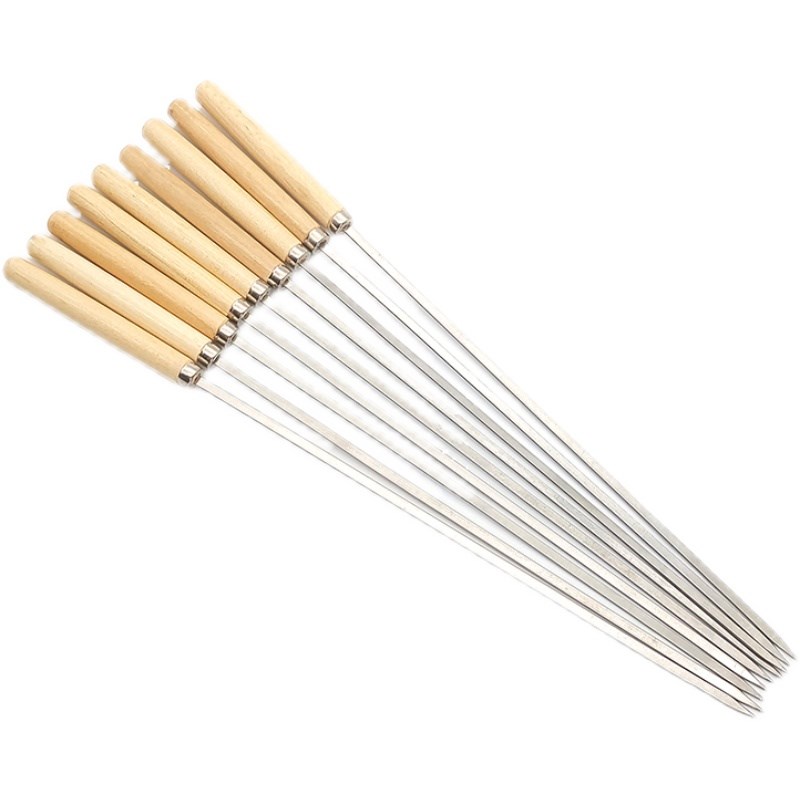 Stainless steel wooden handle flat skewer 304 barbecue meat skewer tool skewers supplies accessories mutton skewers needle iron skewer thickened