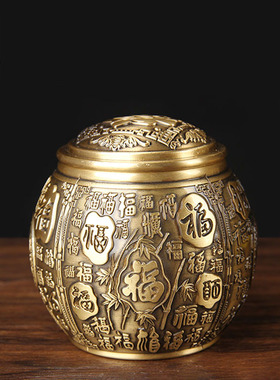 铜茶叶罐摆件  百福铜茶叶罐摆件 百福铜米缸罐摆件 带盖铜缸摆件