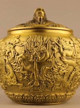 黄铜百福缸带盖黄铜米缸聚宝盆茶叶罐铜水缸存钱罐精致客厅装饰品