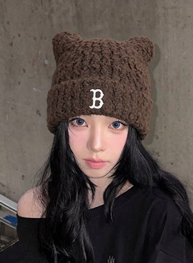 MLB女款冬季加厚保暖猫耳针织帽