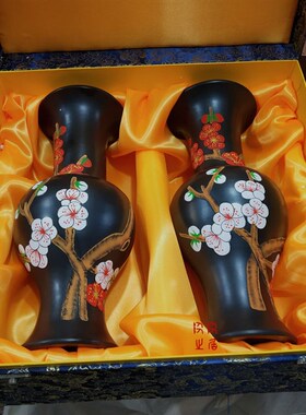黑陶花瓶摆件陶瓷国工绘画花瓶饰手风家居装中品复古现代工艺品