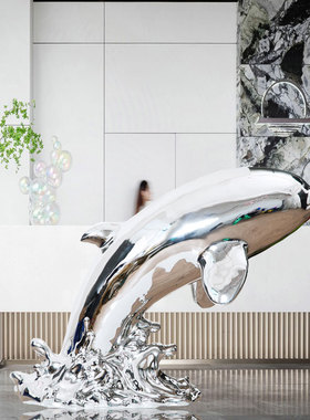 酒店大堂落地海豚雕塑艺术品售楼处别墅展厅玻璃钢电镀软装置摆件