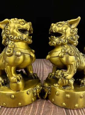 黄铜古玩铜器铜狮子一对站鼓铜狮收藏摆件礼品