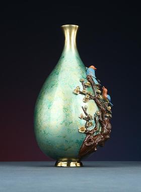 黄铜喜鹊花瓶装饰摆件办公室客厅家居工艺品