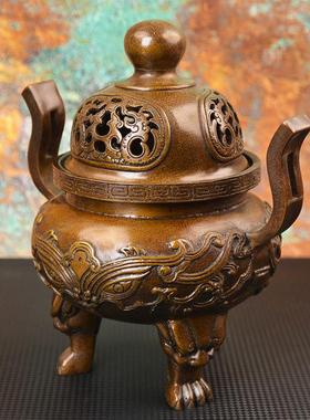宏达 全黄铜官耳狮腿炉仿古包浆玄关供奉炉铜香炉礼品摆件
