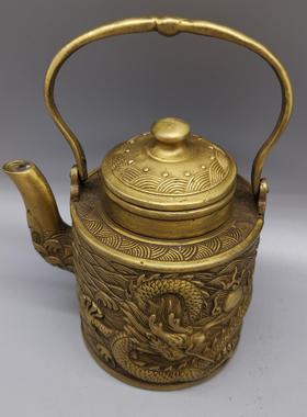 铜器仿古做旧古玩杂件收藏黄铜直龙壶摆件摆设