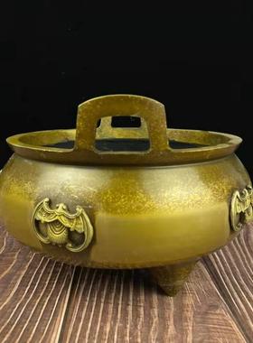 黄铜蝙蝠香炉仿古大明宣德炉古玩摆件家居熏香礼佛供香