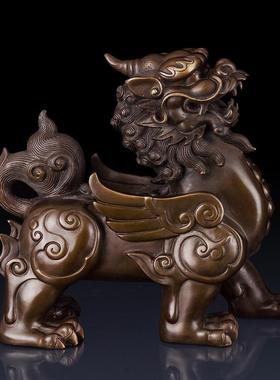 纯黄铜招财貔貅工艺品摆件一对铜貔貅办公室装饰家居客厅铜制摆件