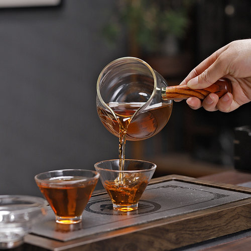 玻璃公道杯高档侧把耐高温加厚分茶器带茶虑大号特色描金公杯 - 图3