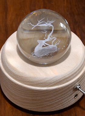 创意木质八音盒发光底座木制工艺品摆件实木发光水晶球旋转音乐盒