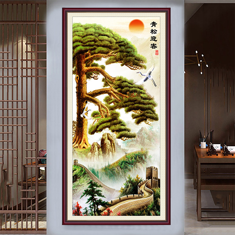 迎客松墙壁贴画纸中式高山流水竖版风景自粘入户道走廊玄关装饰画,淘宝优惠券,粉丝福利购,淘宝优惠卷