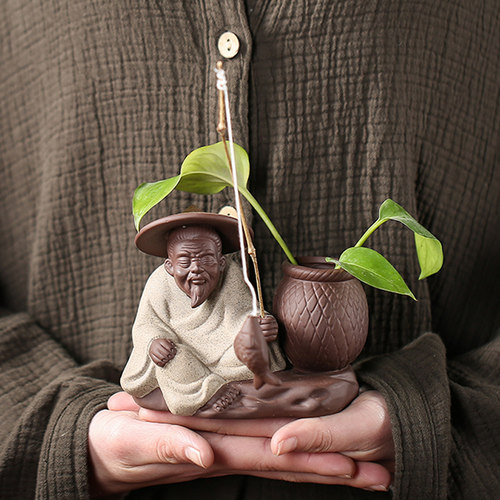 宇轩 紫砂茶宠渔翁垂钓花器摆件客厅陶瓷鱼缸造景可养姜太公钓鱼 - 图1