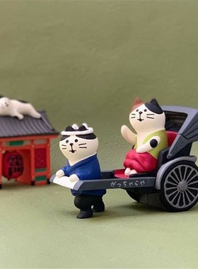 猫部杂货  敲萌可爱人力黄包车猫迷你公仔 汽车装饰场景摆件
