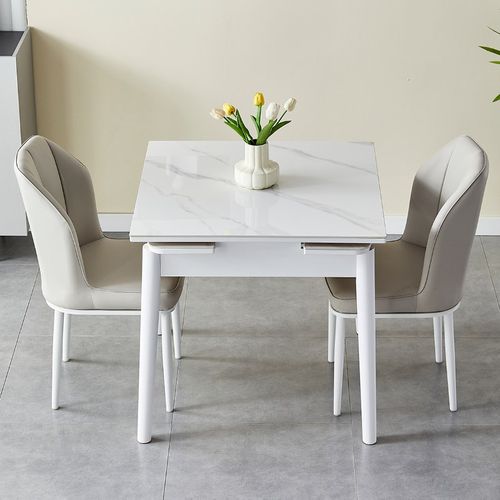 白色奶油风纯白岩板餐桌椅组合现代简约小户型家用折叠实木餐桌子 - 图3