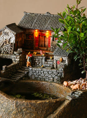 流水不争先,争的是滔滔不绝!微缩房子流水摆件玄关装饰 可亮灯