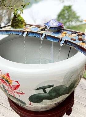 招财流水生财循环水陶瓷鱼缸循环流水摆件过滤增氧石槽微景观造景