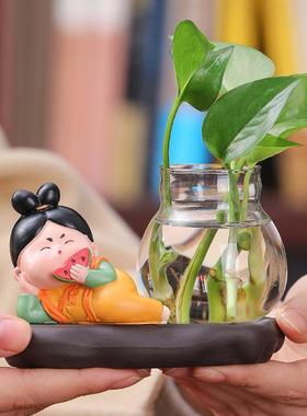 唐仕女摆件绿萝创意装饰可爱新客厅绿植玻璃花瓶卡通公仔小摆件女