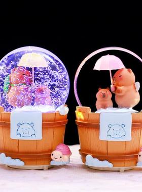 新款水豚卡皮巴拉卡通水晶球飘雪发光八音盒摆件儿童房装饰品