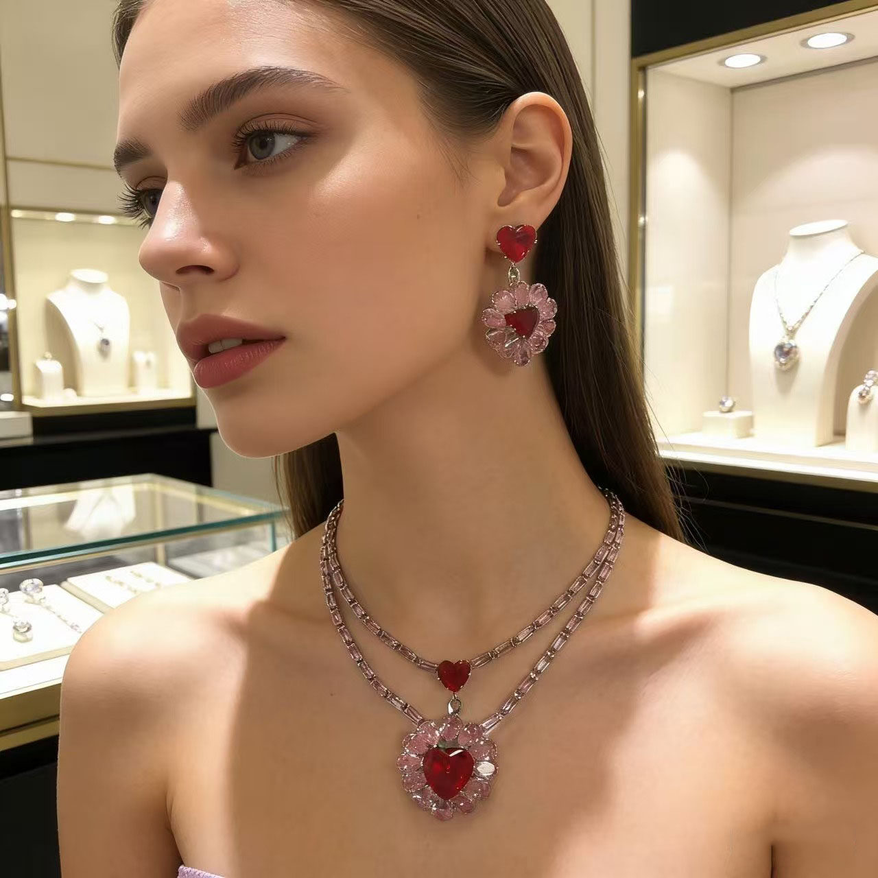红爱心锆石首饰套装女 婚礼宴会婚纱配饰心形水晶项链耳环套饰,淘宝优惠券,粉丝福利购,淘宝优惠卷