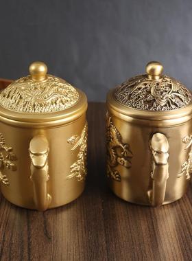 唐腾 铜艺龙凤茶杯办公室家居喝茶喝水带盖黄铜摆件纯铜金属制品
