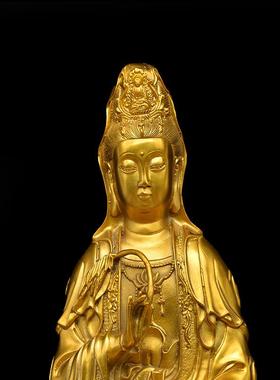 宏达 黄铜坐莲观音 柳枝铜观音 观音佛像铜器摆件