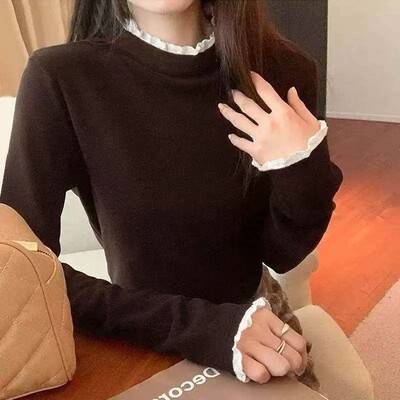花边拼接半高领打底衫女修身设计感内搭qy