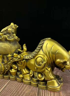 黄铜牛拉金蟾黄铜牛拉钱袋连体牛拉车工艺品摆件