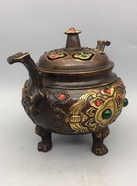 铜鎏金寿字三足双象耳铜鼎炉身镶嵌宝石如意香炉家用熏香炉摆件