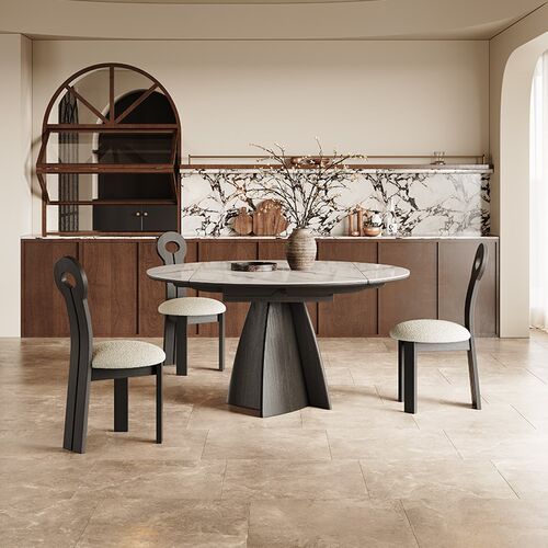 奥古斯特婉然意式极简黑色实木餐桌方圆两用可伸缩岩板餐桌圆形 - 图2