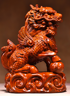 实木雕刻麒麟摆件一对花梨摆件办公室客厅卧室装饰工艺品开业送礼