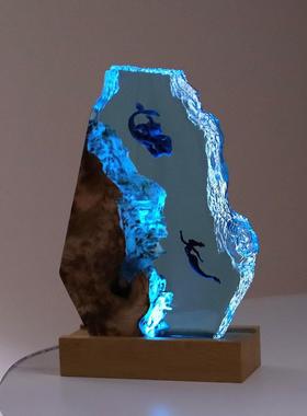 海洋系列美人鱼锤头鲨桌面办公室艺术摆件海龟水母实木礼品树脂灯