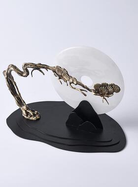 天然玉石平安扣摆件新中式玄关客厅家居书房迎客松禅意装饰品松树