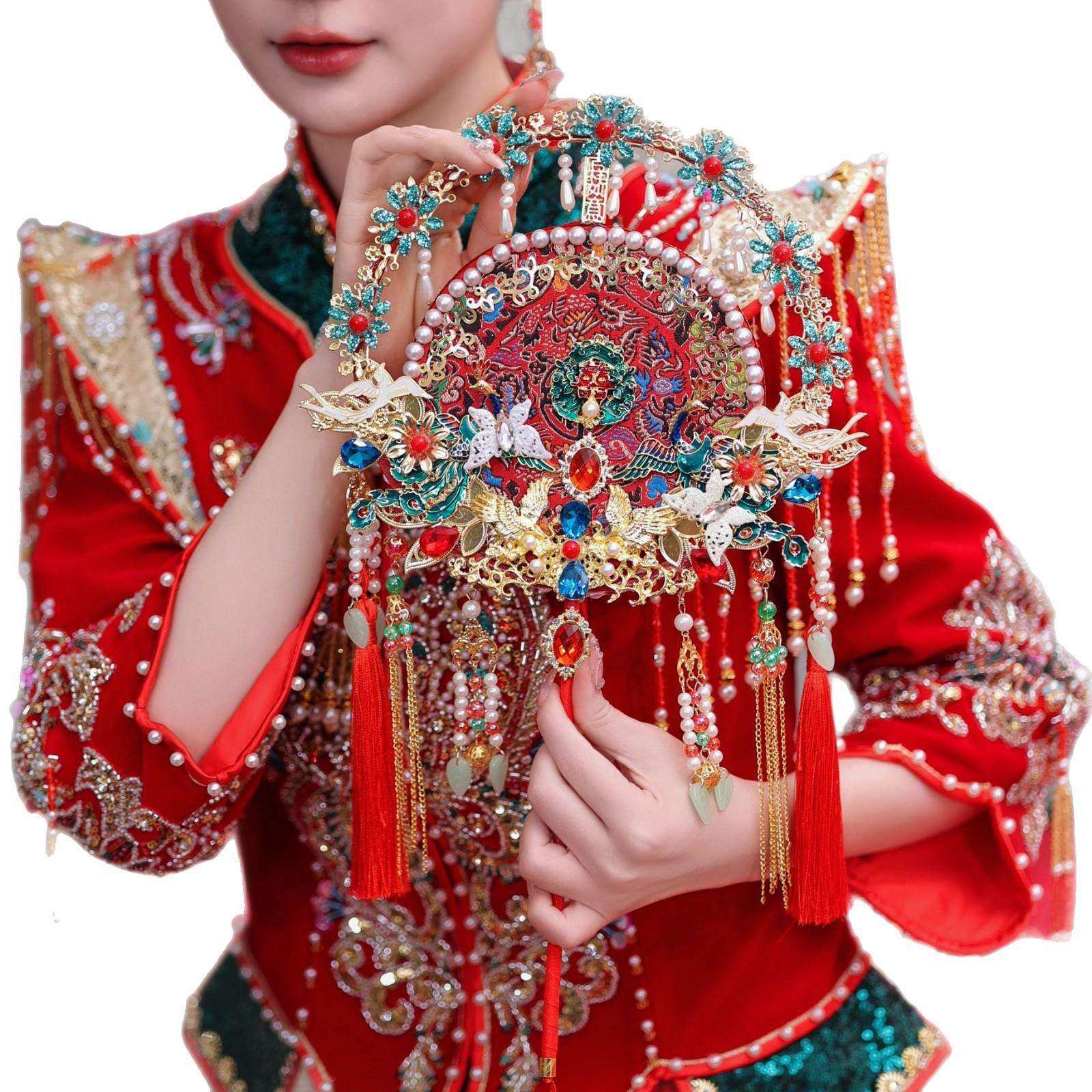 红色蕾丝新娘结婚秀禾服团扇新中式双面成品遮面金色成品喜扇团扇,淘宝优惠券,粉丝福利购,淘宝优惠卷