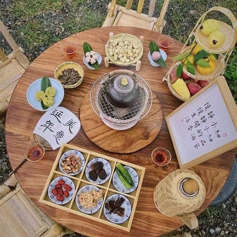 围炉煮茶一体桌冬季老榆木冰茶全套实木茶桌组合圆形煮茶火锅桌,淘宝优惠券,粉丝福利购,淘宝优惠卷