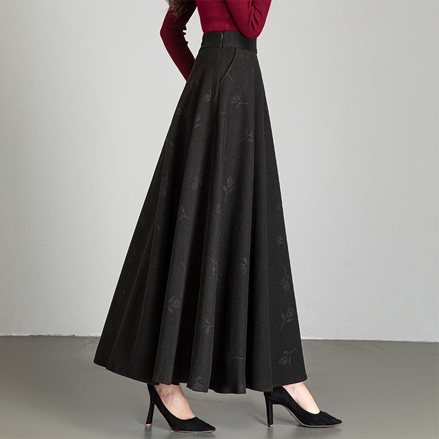New autumn and winter black dark floral skirt A-line long skirt