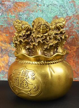 宏达 全黄铜日进斗米金蟾聚宝盆家居办公室玄关铜金蟾摆件