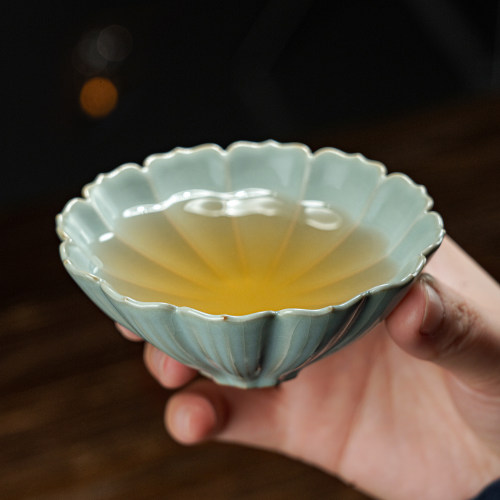 青澹汝窑斗笠杯花口杯主人杯景德镇功夫茶杯陶瓷汝瓷品茗杯礼盒装 - 图1