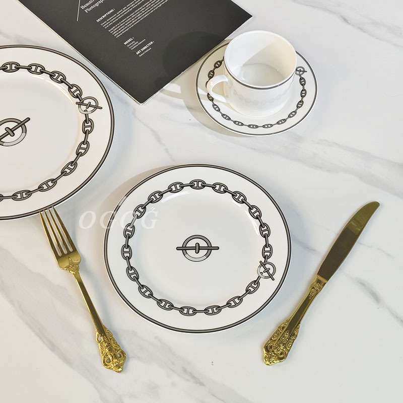 灰色铁链骨瓷牛排糕点西餐盘餐具网红下午茶杯咖啡杯家用简约杯碟,淘宝优惠券,粉丝福利购,淘宝优惠卷
