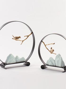 创意新中式陶瓷铜鸟工艺品摆卧室酒柜玄关电视柜山水家居饰品摆件