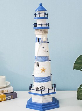 地中海风格蓝白条纹大号木质舵灯塔海洋灯塔瞭望塔家饰玄关装饰品