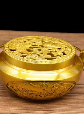 宏达 黄铜大号暖手炉龙凤呈祥室内烧炭香薰炉铜器