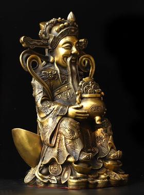 黄铜财神爷财源广进聚宝盆财神财星铜器工艺装饰摆件