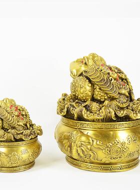 宏达 全黄铜百财金蟾 玄关聚宝盆铜元宝金蟾铜器摆件