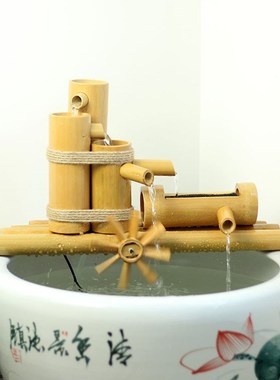 流水石槽竹子摆件 鱼缸造景 水轮水车加湿器 鱼缸流水